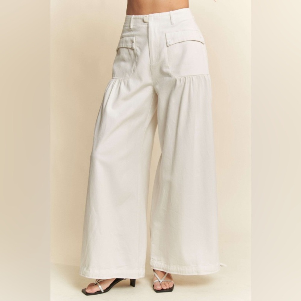 🟠380B. Adjustable Hem Denim Balloon Pants - Cream